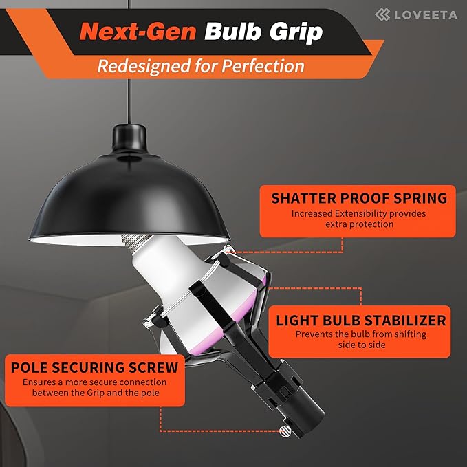 LOVEETA® Gen2 12Ft [18Ft Reach] Extendable Light Bulb Changer Pole for High Ceilings – Telescopic Light Bulb Pole Changer with Bulb Gripper, Chandelier Lights - Jet Black