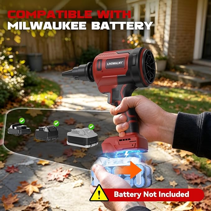 LIVOWALNY Upgraded Air Blower Compatible with Milwauke 18V Battery, 4-in-1 Compressed Air Duster, 480MPH, 120,000 RPM Brushless Motor, 4-Speed Leaf Blower for Car, PC, Workshop (Tool Only,No Battery)