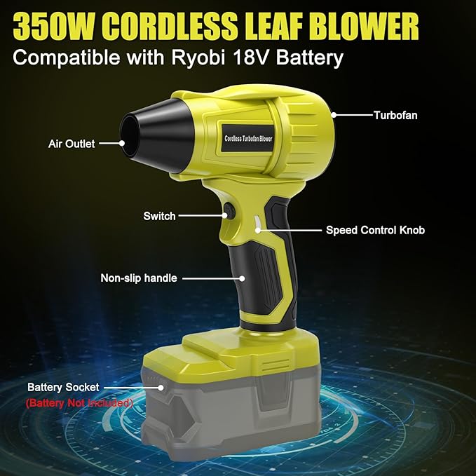 Cordless Leaf Blower for Ryobi 18V ONE+ Battery, 350W Brushless Leaf Blower with 5 Nozzles, Variable Speed, Lightweight Handheld Blower for Leaves Dust Patio (Battery Not Included)