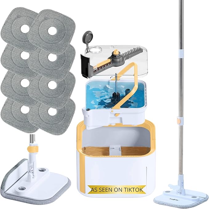 Mop and Bucket System PRO with Removable Water Tank Duo Bucket & Spin Mop System, Self Wringing, Separates Clean from Dirty Water, Folding Head, Dual Brush System, 8-pc Machine Washable Pads