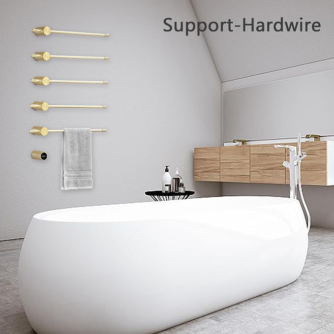 Towel Warmer Rack, Gold 5-Bar Aluminum Alloy, Heated Towel Rack for Bathroom, Hidden wiring/Support Hardwired Heated Towel Rail, With Timer and Temperature Adjustment, Overheat Protection Function