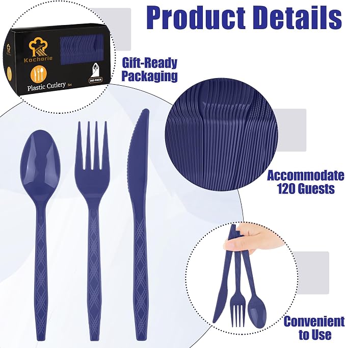 Kochorie 360 Pieces Graduation Navy Blue Plastic Cutlery Set Disposable Plastic Utensils Heavy Duty Flatware Set Include 120 Knives 120 Forks 120 Spoons for Graduation Party Wedding Birthday