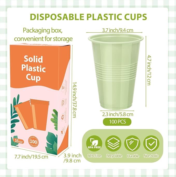 Kochorie 100 Pack Disposable Plastic Cups 16 Oz Solid Color Drinking Cups Party Supplies Strong and Sturdy Drinkware Cup For Birthday, Wedding, Baby Shower, Gender Reveal Party & Daily Use, Sage Green