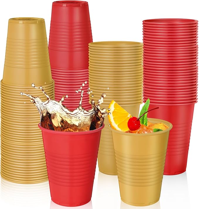 Funnymoom 100 Pcs Red and Gold Plastic Cups, 12 oz Disposable Party Cups for Graduation, Ceremony, Wedding Reception, Birthday Party Supplies