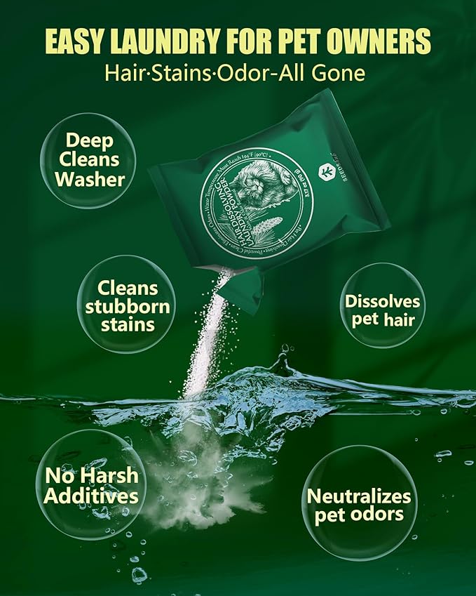 SEMECH by Seedshub Pet Hair Remover for Laundry, Dissolves 96.7% Dog & Cat Hair, Odor & Residue, HE Compatible for Front & Top Load Washers, Septic Safe Pet Detergent Laundry - 2 Sachets