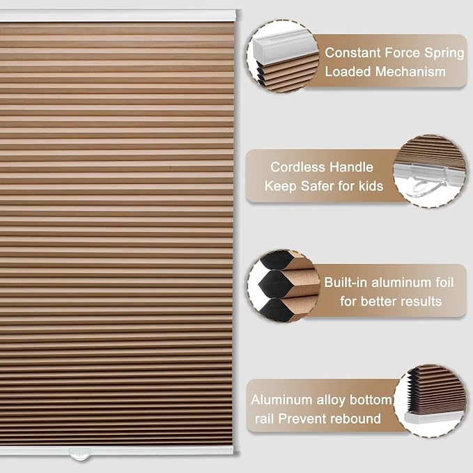 MYshade Cordless Blackout Cellular Shades, 1.5" Honeycomb Window Blinds for Bedroom & Nursery, Thermal Insulated, Noise Reducing, Privacy Shades, Inside or Outside Mount (24" W x 48" H, Light Brown)
