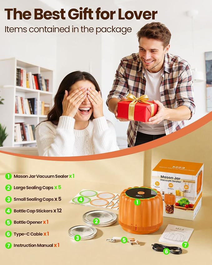 2026 Upgraded Electric Mason Jar Vacuum Sealer Kit with Wide and Regular Mouth Mason Lids -80kpa Automatic Vacuum Pump 2500mAh Battery One Touch Canning Sealing Machine for Food Storage Orange