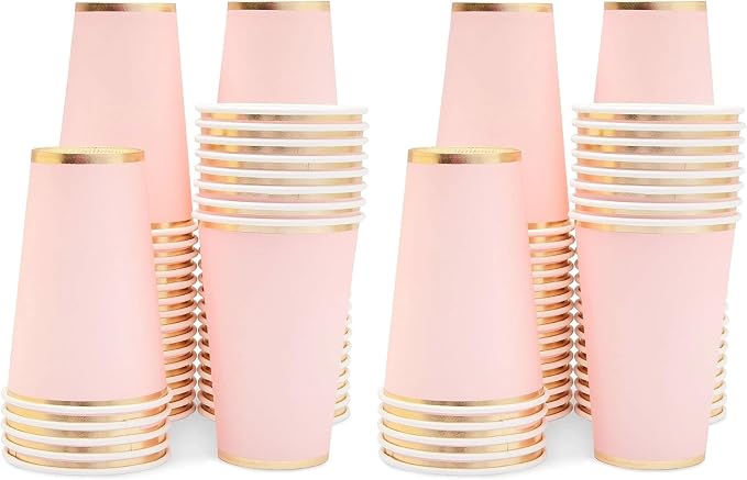 Juvale Pink Party Cups - 12 Oz, 100 Pack, Light Pink & Gold - Disposable Paper Cups for Hot & Cold Beverages - Bridal & Baby Shower