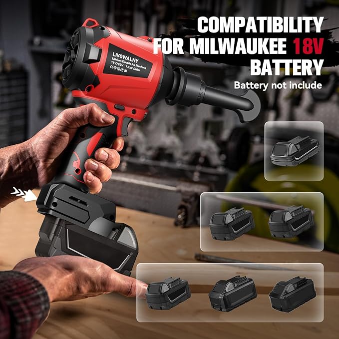 LIVOWALNY Cordless Air Pump Dust Blower Compatible with Milwaukee 18V Battery, Brushless Air Duster Compressed Air Mattress Pump w/ 3 Speeds & 7 Nozzles & 447 MPH/39 CFM for Workshop(Tool ONLY)