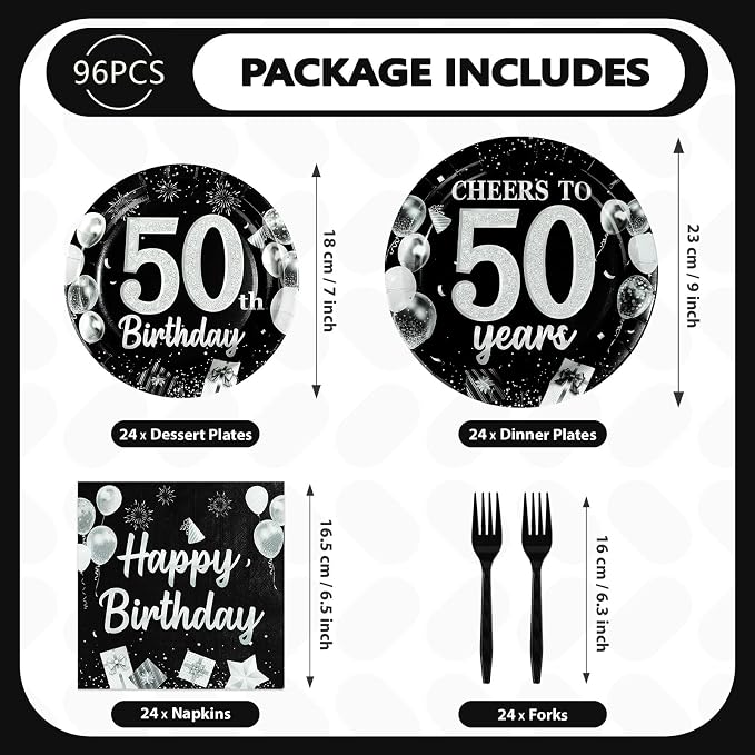 96Pcs 50th Black and Silver Birthday Party Supplies Cheers to 50 Years Party Plates and Napkins Disposable Happy 50th Birthday Tableware Set for Women Men 50 Years Old Decorations Serves 24