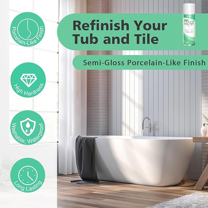 NADAMOO Water-Based Tub and Tile Spray Paint, Less Irritating Odor Aerosol Refinishing Paint for Bathroom Porcelain Bathtub Sink, 2 Cans, Semi-Gloss White