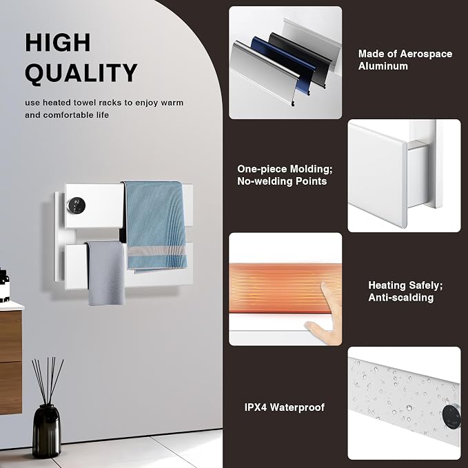 K&KALONZO Electric Towel Warmer, 18.35" W x 14.6" H Wall-Mounted Towel Heater with Built-in Timer, Waterproof Aluminum Towel Warmer for Bathroom, Support Plug-in and Hardwired, White, K2-L-W