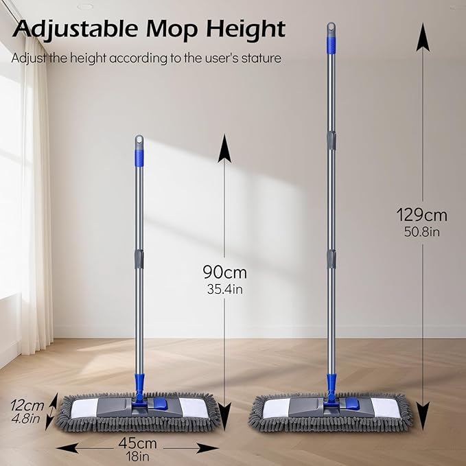 MASTERTOP Microfiber Mop for Floor Cleaning, Flat Dust Mop for Home and Kitchen, Adjustable Stainless Steel Handle with 2 Washable Pads&1 Cleaning Scrape for Hardwood, Vinyl