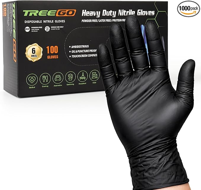 TREEGO 6 Mil Black Nitrile Exam Gloves Small, Heavy Duty Disposable Latex & Powder Free, Chemical Resistant, Textured Grip for Cooking, Mechanic - 100 Count