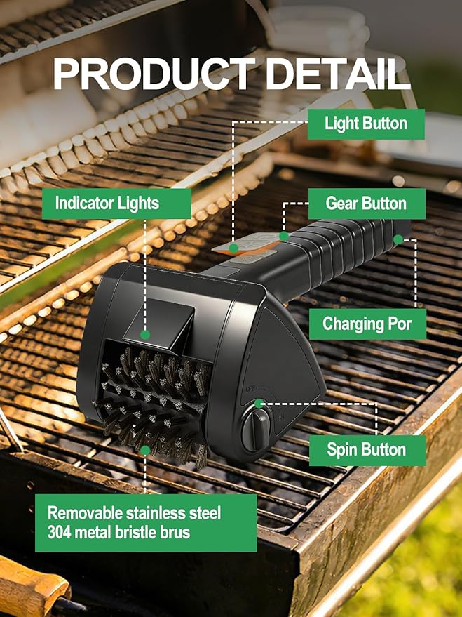 Electric Rotary Grill Brush for Outdoor Grill - Two Speed Automatic Cleaner with 304 Removable Stainless Steel Head, BBQ Grate & Outdoor Cordless Rechargeable Grill Cleaning Tool for BBQ, Home