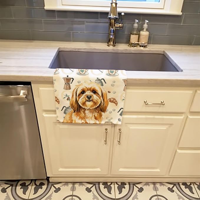 Caroline's Treasures Gold Lhasa Apso Coffee Bar Kitchen Towel Velour Plush Front and Cotton Loop Back Machine Washable