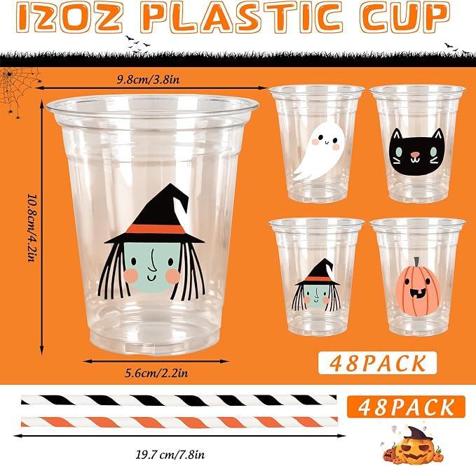 Whaline 48Pcs 12Oz Halloween Plastic Cups with Lids & Straws Ghost Pumpkin Black Cat Disposable Clear Drinking Cups for Holiday Birthday Party Supplies