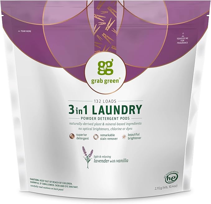 Grab Green 3-in-1 Laundry Detergent Pods, 132 Count, Lavender Vanilla | Plant & Mineral-Based; Enzyme-Powered; Velcro Closure; Laundry Brightener; Stain Remover