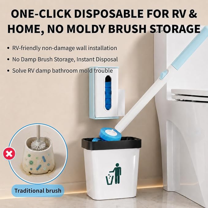 RV Toilet Brush & Holder, Wall Mount Toilet Cleaner with 56 Cleaner Refills | Hands-Free Toilet Bowl Wand Kit for RV Camper & Small Bathroom