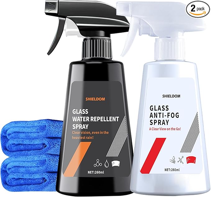SHIELDOM Anti Fog Spray & Rain Repellent Spray for Car Windshield Glass Water Repellent Defogger Spray Waterproof Prevent Fogging for Automotive Windows Mirrors Glasses Goggles Helmets - Pack of 2