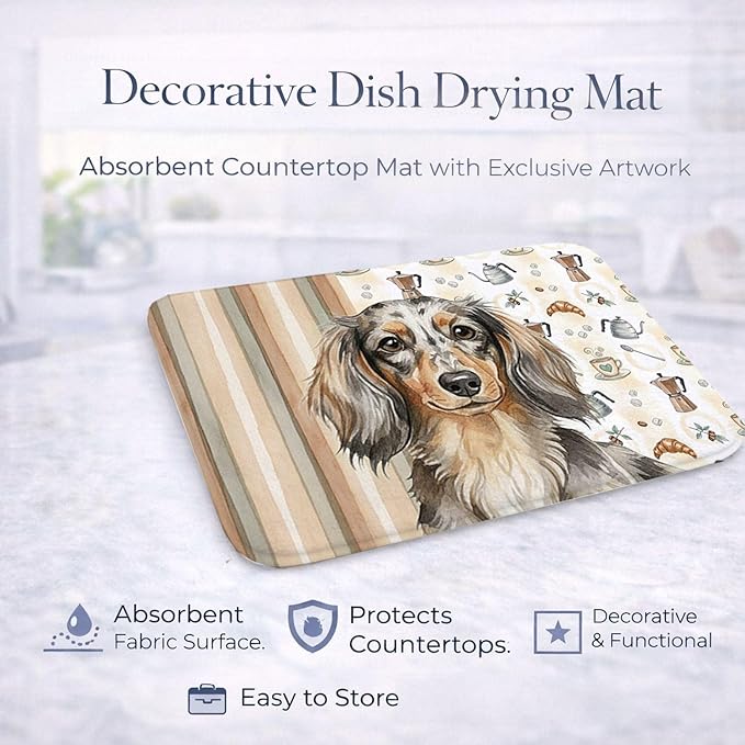 Caroline's Treasures Longhaired Dapple Dachshund Coffee Bar Dish Drying Mat Absorbent Dish Drying Mat Pad for Kitchen Counter Dish Drainer Mat for Countertop, 14 x 21", Multicolor