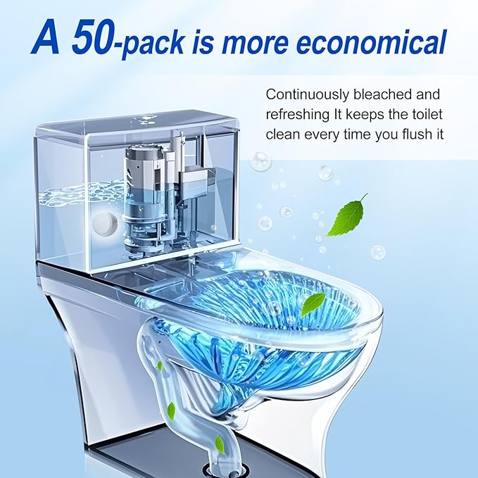 Automatic Toilet Bowl Cleaner Tablets, Bleach, Descale & Deodorize, Septic-Safe, Continuous Cleaning, Fresh Scent, Drop-In Tank Cleaner effective to use Works with Toilets 50 Pack -AABB