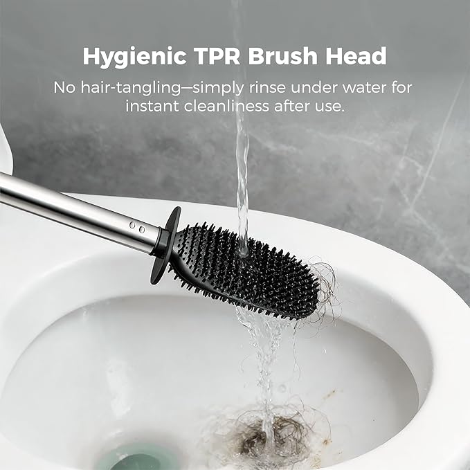 Sineng Silicone Toilet Brush and Holder Set, Stainless Steel Toilet Cleaning Brush, One-Piece Long Handle, Flexible Compact Modern RV Toilet Bowl Brush for Bathroom