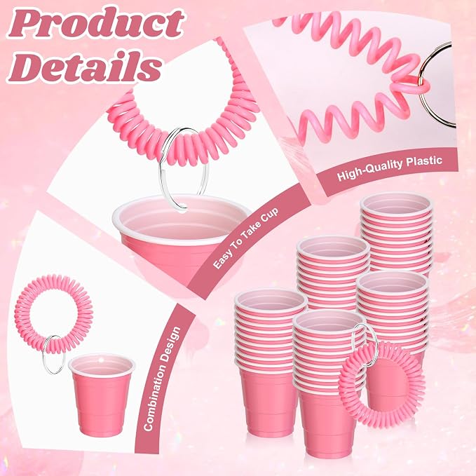 100 Pcs Pink Shot Cups with Wristband for Party 2oz Plastic Shot Glasses Bulk Disposable Mini Shot Glasses with Bracelet Wear On Solo Cups for Festival Birthday Favor Wedding Bachelorette Party