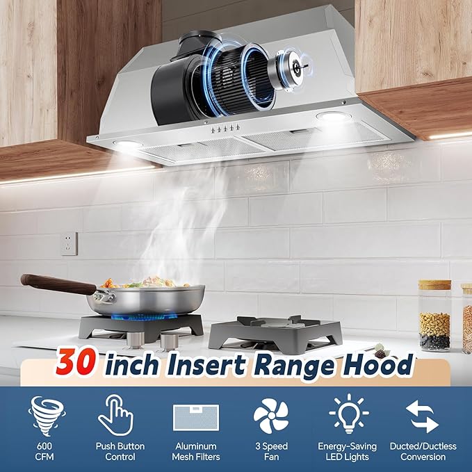 Range Hood Insert 30 Inch Stainless Steel Built-in Kitchen Hood with 600CFM, Ductless/Ducted Range Hood, Push Button Control, 3-Speed Fan, 2 Pcs Aluminum Filters