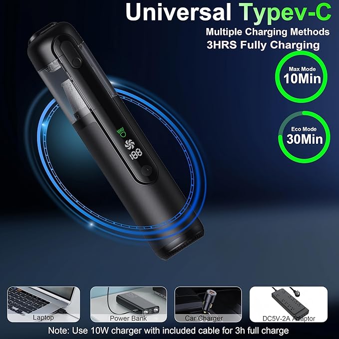 Car Vacuum, Handheld Vacuum Cordless 19000Pa, 4-in-1 Mini Portable Cleaner with Green LED Detection Light, 2 Modes for Car, Home, Office, Desk & Keyboards, Rechargeable, Washable Filter