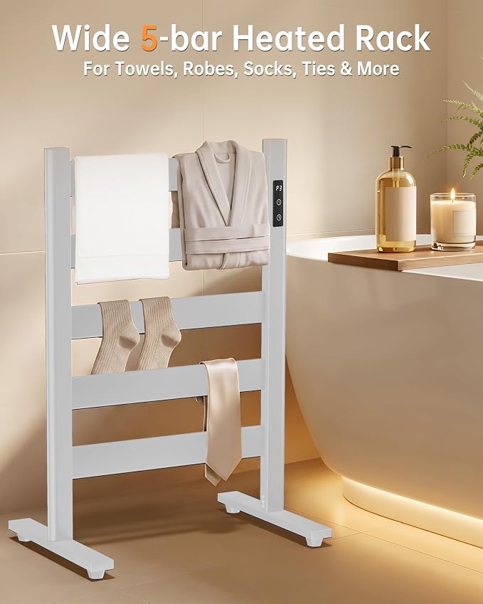 5-Bar Freestanding Towel Warmer, Adjustable Temperature 110–170°F, Timer and Auto Shut-Off, Fast Heating in 10 Minutes, Durable Space Aluminum, Wide Bars, Matte White for Bathroom and Spa