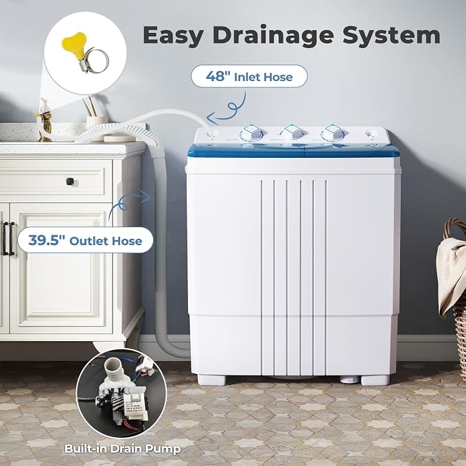 Giantex Portable Washing Machine, 20 LBS Washer & Spinner Combo with Built-in Drain Pump & Time Control, Compact Twin Tub 12 LBS Washing & 8 LBS Spin Drying for Apartment Dorm RV (Blue+White)