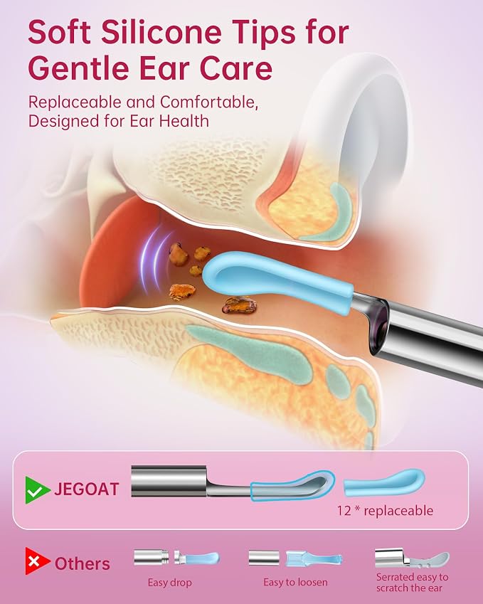 Jegoat Ear Wax Removal, Ear Wax Removal Tool Camera with 1296P HD Camera and 6 LED Lights, Ear Cleaner with 10 Ear Pick, Upgraded Ear Wax Removal Kit for iOS and Android, Pink