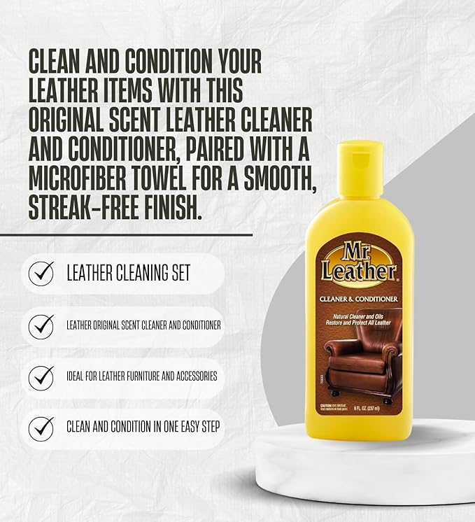 6x Mr. Leather Original Scent Leather Cleaner and Conditioner 8 oz Liquid Bundle with Microfiber Cloth – Cleans and Conditions for Furniture, Car Seats, and Accessories – Gift Set (7 Items)