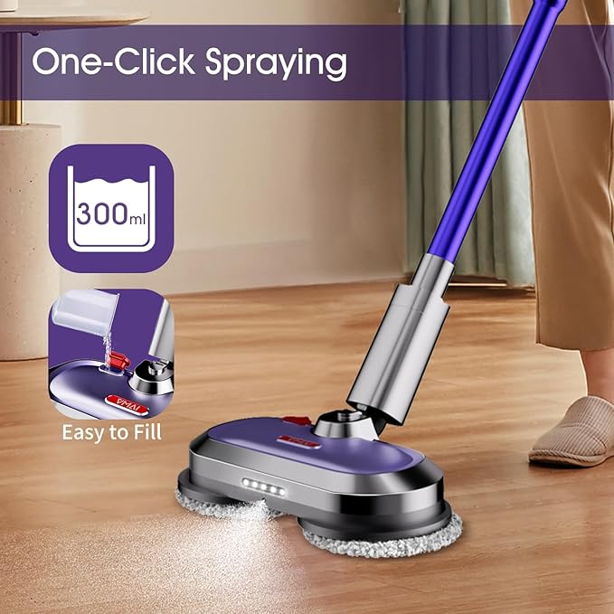 VMAI Electric Mop with Detachable Battery & 300ml Water Tank, Spin Mop with LED Headlight and Sprayer, for Hardwood, Tile, Laminate Floor, <50dB Working Noise
