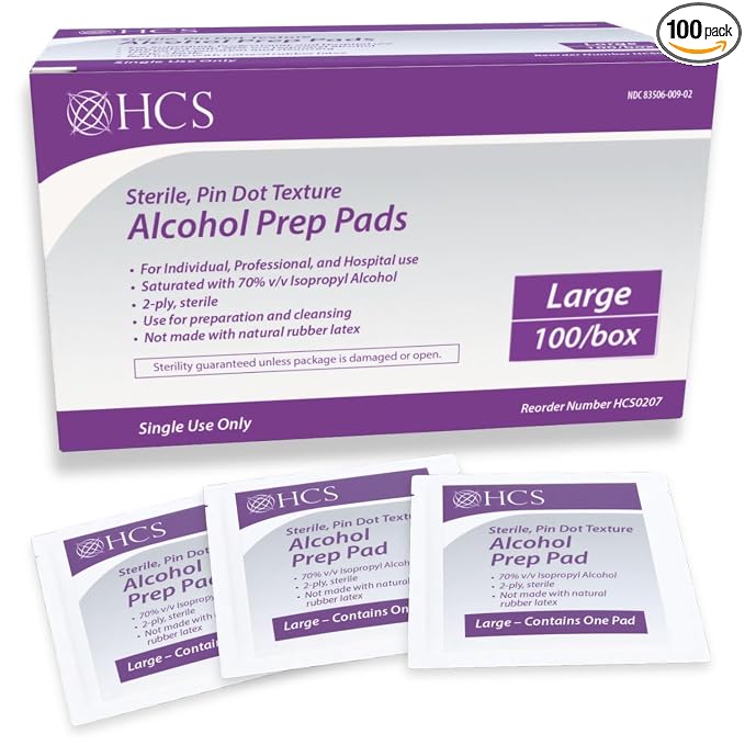 HCS Large Alcohol Prep Pads - Textured, 70% Isopropyl Alcohol Wipes, Individually Wrapped - 2 ply Sterile Skin Prep Swabs for Injections, First Aid (100/Box)