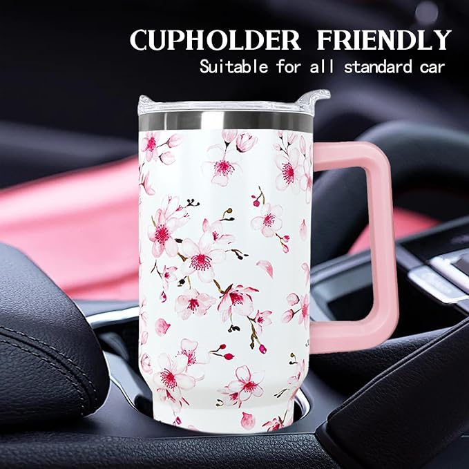 Ceovfoi 40oz Cherry Blossoms Insulated Stainless Steel Travel Tumbler with Handle, Lid and Straw, Pink Cherry Blossoms Floral Design, Perfect for Women, Adults, Home, Travel, Nursing