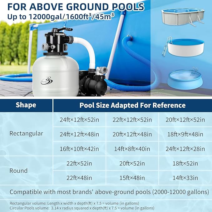 BlueBay 15in Sand Filter Pump with Timer, 7-Way Valve and Strainer Basket for Above Ground Pools up to 8000 Gallons – Easy Installation, Gray