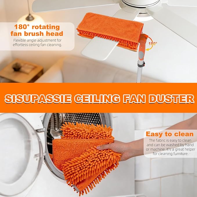SISIUPASSIE 26FT Reach Ceiling Fan Cleaner Duster, Ceiling Fan Blade Cleaner with Extension Pole, Washable & Replaceable Microfiber Feather Duster Kits
