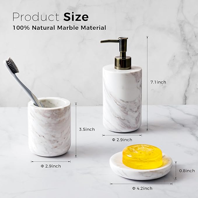 WORHE Bathroom Accessories Set Italy Natural Marble Bathroom Decor Set 3-Piece Bath Accessory Kit with Toothbrush Holder Liquid Soap Dispenser and Sponge Dish Tray Set Color White (WH054)