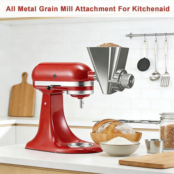 Grain Mill Attachment for KitchenAid Stand Mixer, All Metal Grain Mill Flour Mill for Kitchen Aid Accessories, Suitable for Grinding Non-Oily Dry Grain Corn, Coffee Bean, Millet, Wheat and Cereals