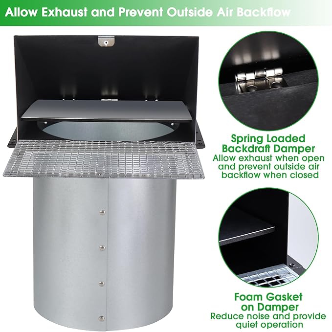 8 inch Hooded Wall Vent with Screen and Damper,Outdoor Wall Vent Cover Exhaust Vent Duct Cap,8" Exterior Vent Cover for Kitchen Range Hood Bathroom HVAC Duct Dryer Ventilation,Galvanized Steel,Black