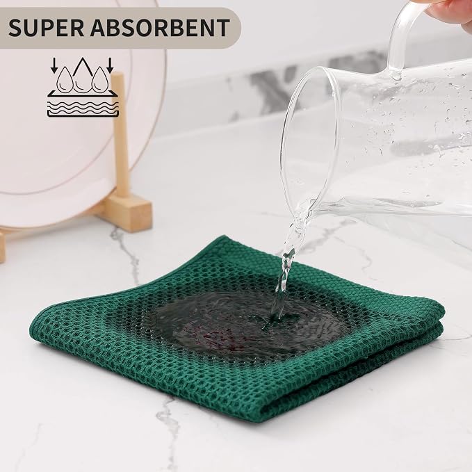 Kitinjoy 100% Cotton Kitchen Dish Cloths (12 X 12 Inches, Dark Green), 8 Pack Waffle Weave Ultra Soft Absorbent Dish Towels for Drying Dishes Quick Drying Kitchen Towels Dish Rags