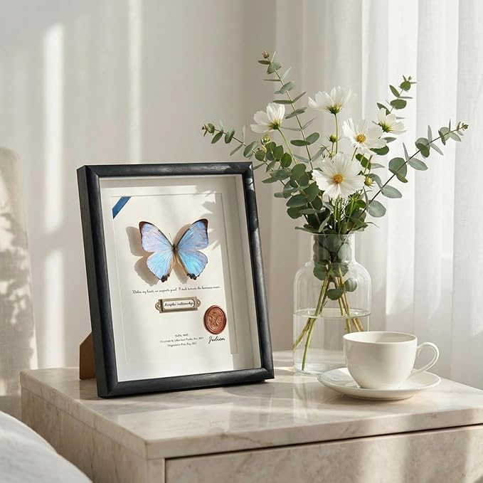 ArsVenciik Real Framed Butterfly Specimen - Preserved Morpho sulkowskyi (Pearl Morpho) Taxidermy - Iridescent Mother of Pearl Shadow Box - Ethereal Wall Art & Handmade Gift for Her