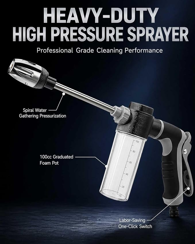 Heavy Duty Garden Hose Nozzle, 2026 Upgraded High Pressure Water Cleaning Jet, Multi-Function Sprayer for Lawn, Yard, Car, Pet, Driveway – Universal Fit 3/4 Inch Thread, No Electricity Needed