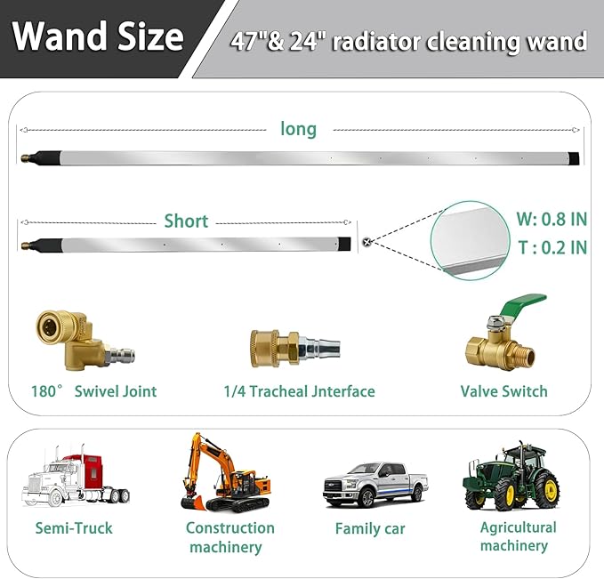 47" & 24" Radiator Cleaning Wand 2-Piece Set, 4500 PSI Pressure Washer Wand Air and Water, Stainless Steel Car Radiator Cleaning Tools kit with Connectors, Cleaning Brush for Tractor, Semi, Truck
