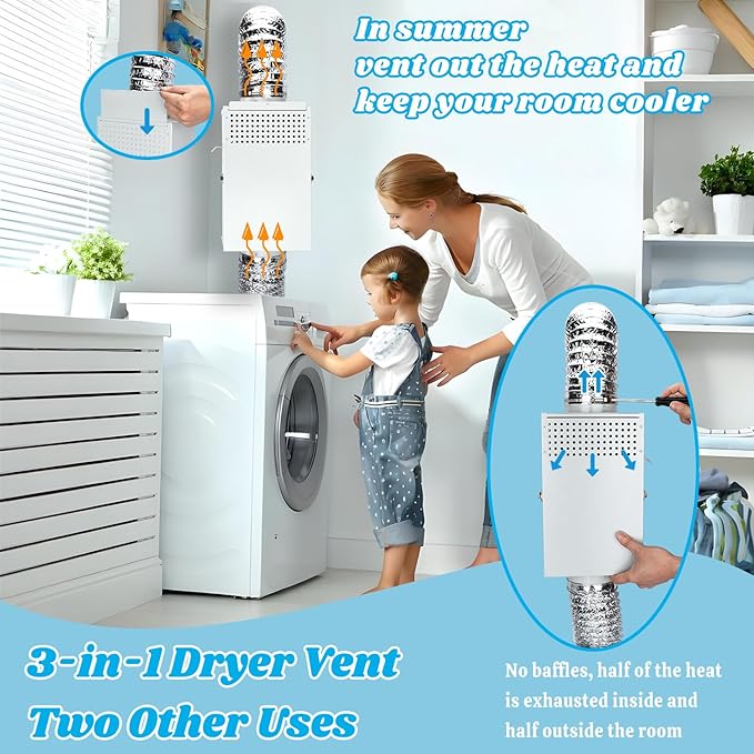 Upgraded Galvanized Steel 3-in-1 Multifunction Indoor Dryer Vent Kit, Dryer Duct Lint Trap, Dryer Vent Box Switch Summer Winter for Electric Dryers, Fits all 4" Dryer Duct Hose