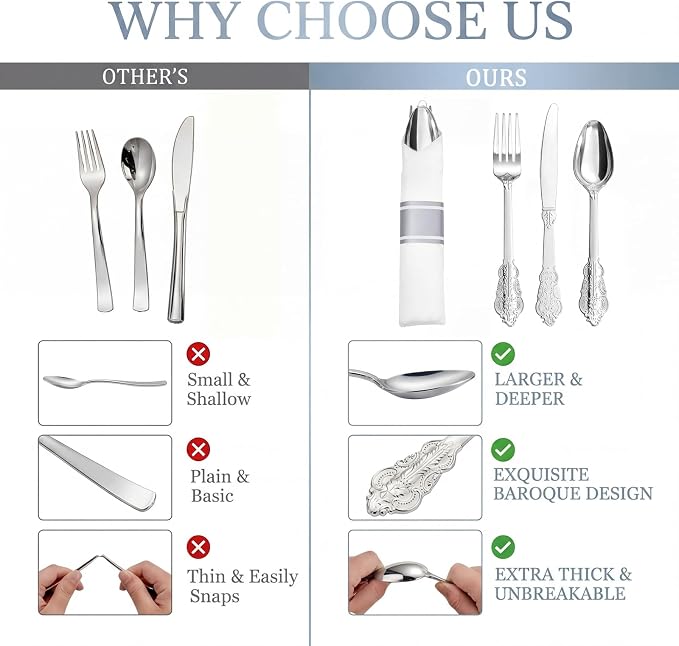 Liacere 400PCS Silver Plastic Silverware - Pre Rolled Napkins Disposable Silver Cutlery-Premium Quality Gold Plastic Utensils - Includes 100Forks,100Knives,100Spoons,100Napkins For Wedding & Party