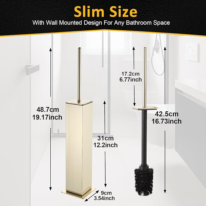 BVL Toilet Brush and Holder Floor Standing, Brushed Gold with 2 Replaceable Heads, Bathroom Toilet Brush, Freestanding Toilet Bowl Brush with Removable Liner and Splash Guard