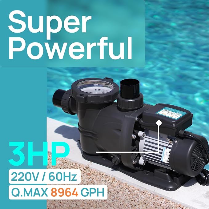 3HP In/Above Ground Pool Pump with Timer 8964GPH High Flow 220V Powerful Self Primming Swimming Pool Pumps with Filter